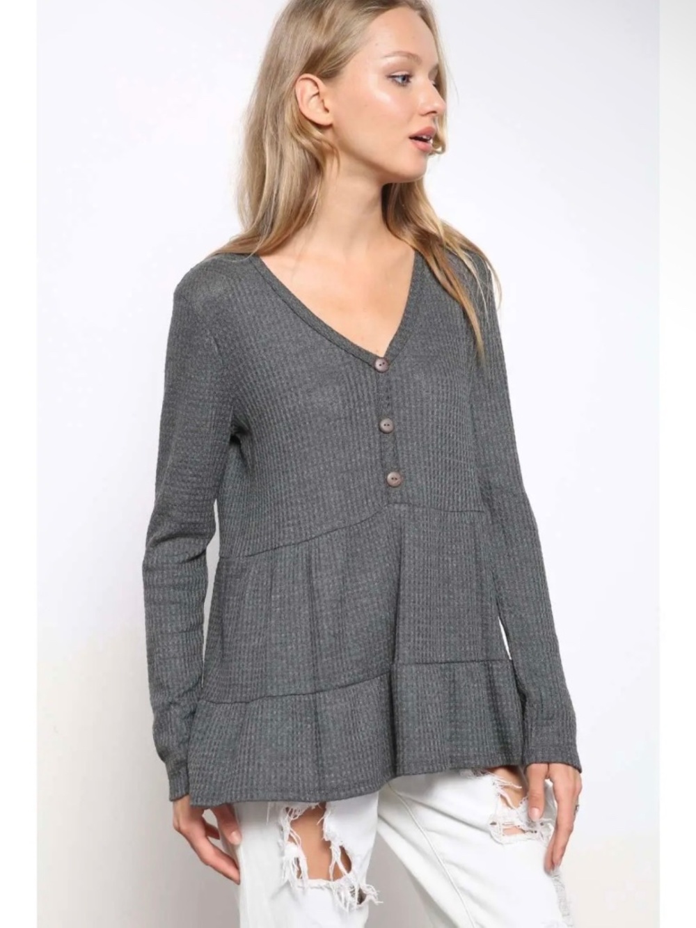 049. Waffle Knit Henley Tiered Babydoll Top, Charcoal, various sizes